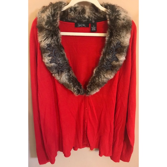 Crystal-Kobe Sweaters - Crystal-Kobe Red Button-up Sweater with Fur Collar
